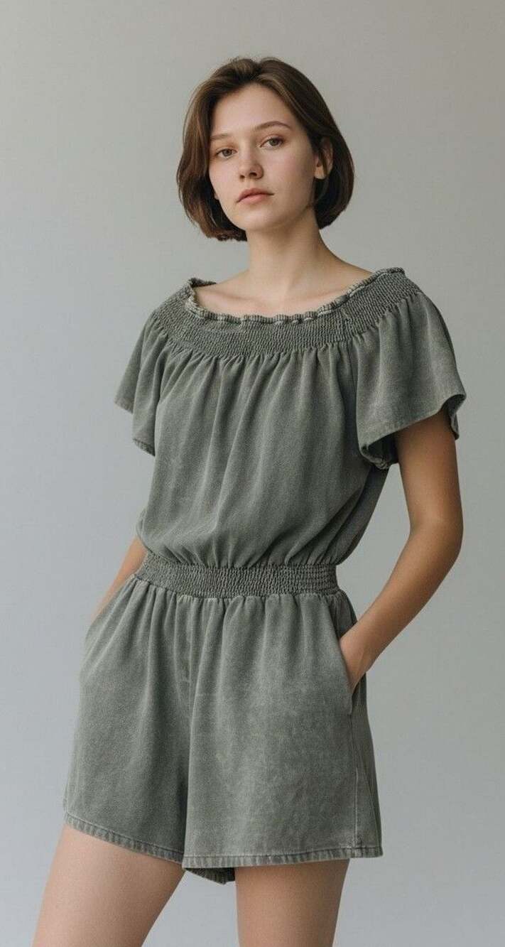 Easel Romper Size S Green Off-The-Shoulder Smocked